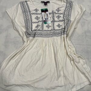 Gloria Vanderbilt Embroidered Peasant Top White Boho Babydoll XL NWT